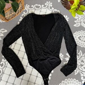 Black glitter thong deep V body suit size small